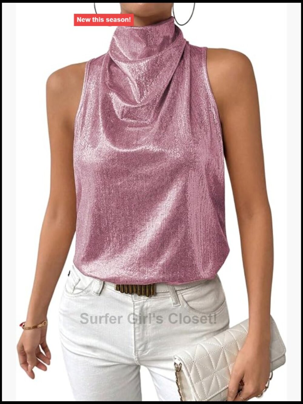 Women's Metallic Silver Mock Neck Halter Tank Top Going Out Sleeveless Slim Fit